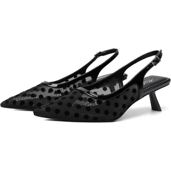 Women's Black Polka Pointed Toe Pumps Patent Leather Slingback Heels With Buckle - Picture 5 of 9